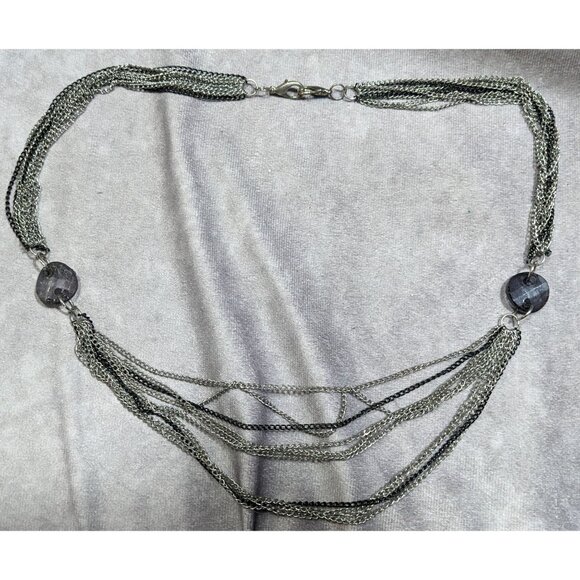 Chic Multilayer Chain Necklace Silver Tone With Muted Purple Bead Accents - Picture 4 of 5